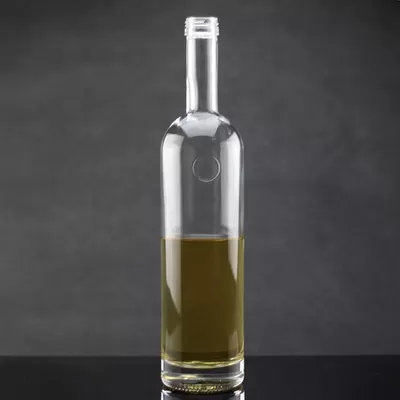 Glass-necked olive oil packaging bottle, polygonal design and cork cap
