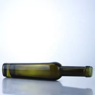 375 ml dark green olive oil glass bottle, acid-etched surface treatment, with a relatively high color