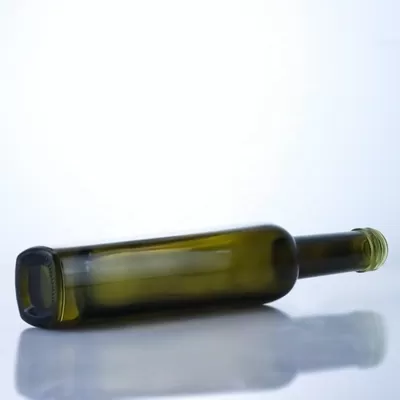 375 ml dark green olive oil glass bottle, acid-etched surface treatment, with a relatively high color